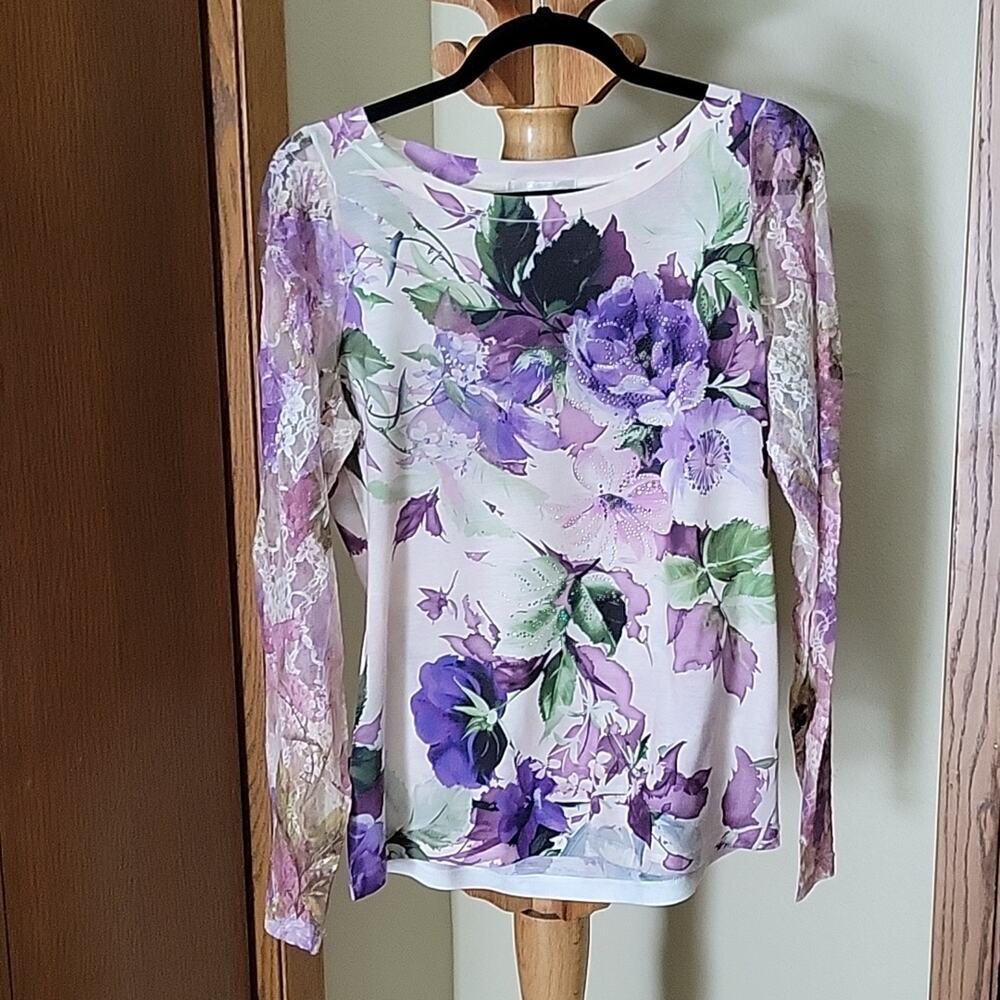 Dress Barn Women L Purple Floral Long Sleeve Blouse Sheer Lace Panel Scoop Neck